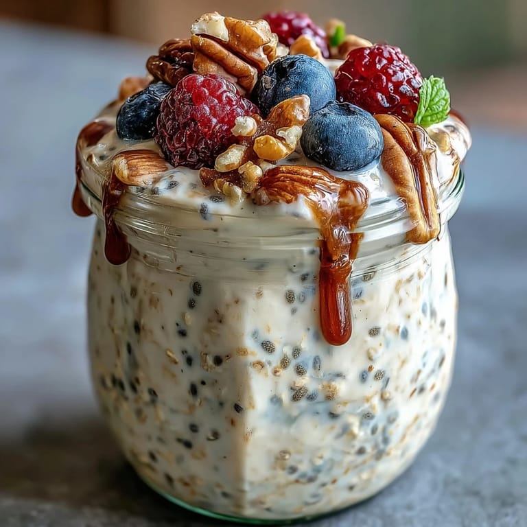 Delicious high fiber overnight oats topped generously with colorful mixed berries.