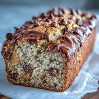 Chocolate chip peanut butter oatmeal banana bread slice with melty chips and nuts.