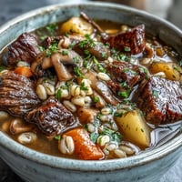 Thick Beef and Barley Soup with tender beef chunks and vegetables in a rustic bowl.