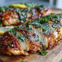 Golden brown Oven Baked Chicken Breast fresh from the oven with herbs and lemon.