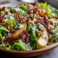 Crispy prosciutto and crumbled blue cheese top a vibrant Frisée Pear Blue Cheese Bowl with sliced pears.