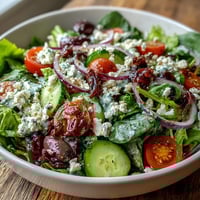 Freshly tossed Mediterranean Green Salad Bowl with crisp spring greens, juicy tomatoes, crunchy cucumber, briny Kalamata olives, crumbled feta, and tangy Greek dressing.
