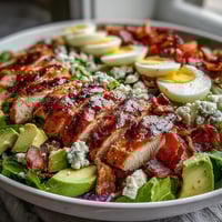 Freshly grilled chicken, crispy bacon, and creamy avocado top this vibrant Cobb Salad Bowl, served with tangy blue cheese and ranch dressing over crisp greens.