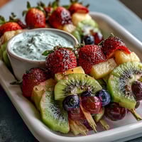 Vibrant bento box filled with colorful fruit skewers, creamy yogurt dip, and kid-friendly snacks, perfect for school lunches.