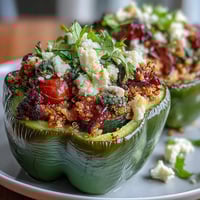 Vibrant stuffed bell peppers bursting with quinoa, herbs, and fresh vegetables, baked until tender and golden for a nourishing meal.