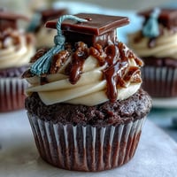 Festive graduation cupcakes topped with edible chocolate caps and colorful tassels for party celebrations.