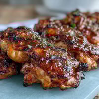 Honey garlic grilled chicken thighs with caramelized glaze sizzling on a hot grill.