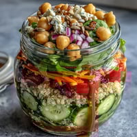 A colorful layered mason jar salad with fresh greens, quinoa, and cherry tomatoes ready for healthy meal prep.  