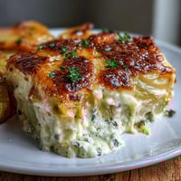 Creamy scalloped potatoes with Gruyere cheese, baked to golden perfection in a rich, garlicky cream sauce.