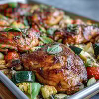 Sheet pan chicken with zucchini and corn, roasted to perfection with juicy chicken and colorful vegetables.