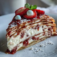 Mother's Day Crêpe Cake: Delicate layers filled with luscious strawberry mascarpone cream.