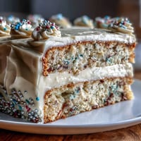 Class of 2026 Confetti Cake, a vibrant, sprinkle-filled dessert with smooth champagne frosting.