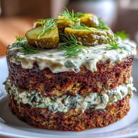 Savory Pickle Cake with dill frosting, a unique appetizer, ready for serving.