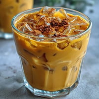 Close-up of vibrant Turmeric Golden Milk Iced Latte on a bright surface.